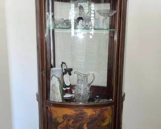 Stunning Ornate Painted Antique French Oval Vitrine/Curio Cabinet w/ Marble Top with inside Light, 2 adjustable glass shelves, lower cabinet