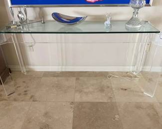 Vintage Modern Thick Clear Glass and Acrylic Base Console, Entry or Sofa Table - Howard Goldman 