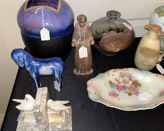 17th century wooden carved Santos, vintage pottery etc.