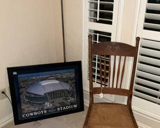 Antique chair with work, leather seat, and Vintage, Dallas Cowboys stadium picture