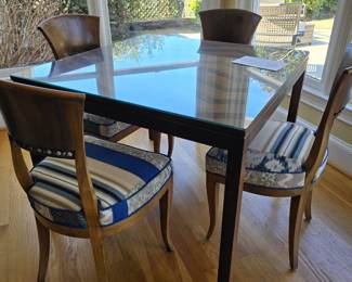 Bridge/game table with Chevron Inlay and Set of 4 Chairs with custom Upholstery by local artist