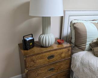Pair of these Campaign Style Nightstands and a Pair of these Celedon Colored Lulu Lamps