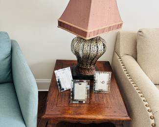 Wood Side Table, Photo Frames, Table Lamp
