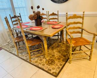 Farm Style Light Solid Wood Dining Room Table, 3 Leaves, 6 Ladder Back Chairs