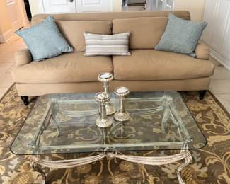 86" Upholstered Light Brown Sofa, Decorative Pillows Sold Separately, Glass Top and Metal Coffee Table