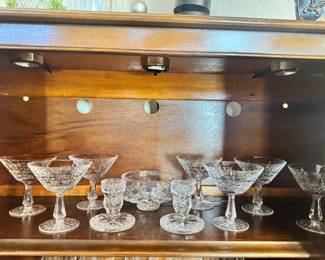 Waterford Crystal Martini Glasses (7), Waterford Crystal Footed Bowl, Waterford Crystal Candlesticks