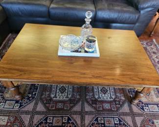 Large coffee table, cut glass bowl, cryst decanter, and crystal jar