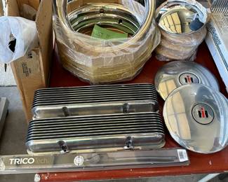 This table is filled with lots of vintage chrome auto accessories!
