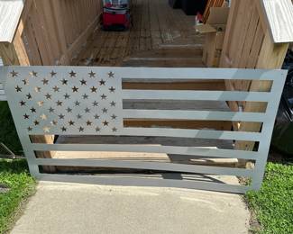 This is just a great metal cut out of the American flag could be hung on the side of your house the side of your barn! In excellent condition, never seen the light of day! Is the size of a traditional American flag!