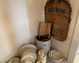 This is a lovely set of antique China! At the corner of the table is a terrific vintage cabbage, slicer crock to make the best homemade sauerkraut! I also love the old wicks dry beanbag! The waist company was founded in Saginaw in the 1800s!