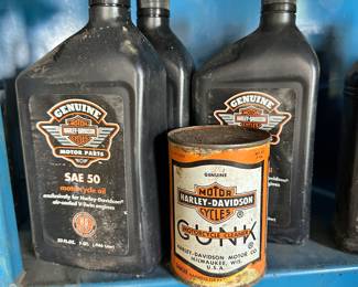 Here are 3 quarts of genuine Harley Davidson SAE 50 motor oil! And an outstanding vintage of Harley-Davidson Gunk motorcycle cleaner