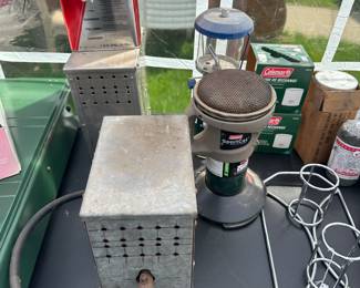 Back in the tent with more vintage camping! Two vintage propane heaters a nice old craftsman catalytic heater in a great little propane lamp