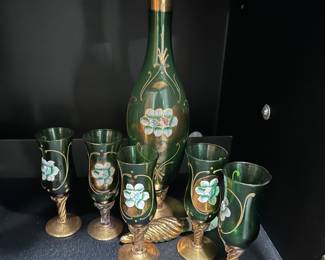 Vintage Bohemian Style Painted Emerald Color Decanter and Glass