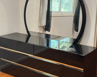 Contemporary Black Lacquer Dresser with Round Mirror