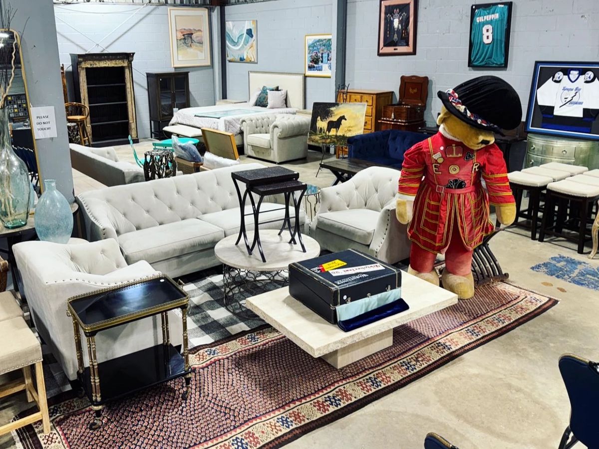 Sofa and Chair Set, Coffee Tables, Rugs and Merrythought pure Mohair Life size Bear Orlando Estate Auction