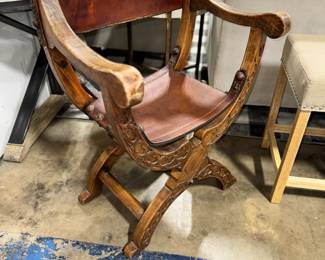 Vintage Hand Carved wood and leather Chair Orlando Estate Auction