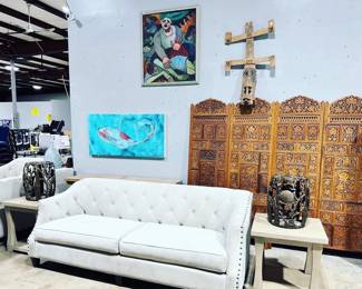 Tufted Sofa, End Tables Garden Stools, Artwork and Carved Wooden Screen/Room Divider Orlando Estate Auction