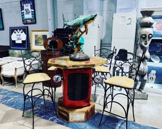Tractor Bar Table, Bar Stools and Bronze Ocean Sculpture Orlando Estate Auction