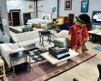 Sofa and Chair Set, Coffee Tables, Rugs and Merrythought pure Mohair Life size Bear Orlando Estate Auction