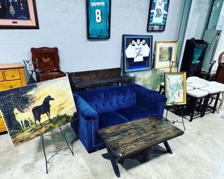 Tufted Blue Sofa, Coffee Table, Easels and Artwork Orlando Estate  Auction