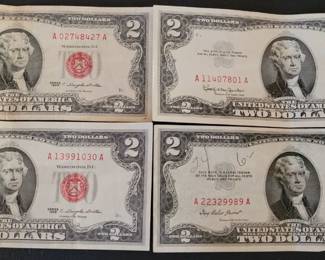 Lot of 4 $2 Red Seal bills