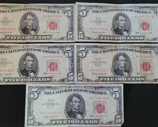 Lot of 5 1963  Red Seal $5 bills