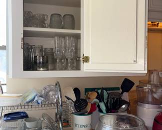 Wine glasses, refrigerator dishes, utensils, rolling pin