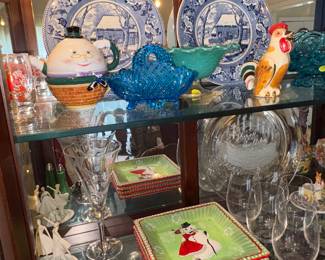 Early america press glass blue basket, Christmas Plates, Hull Rooster Salt Pepper, Johnson Brothers Blue white plates