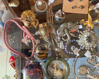 Cloisonne Necklace, Jade Necklace, Owl Pin, Cat Pin