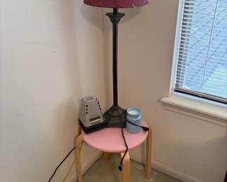 Sound machine clock, lamp, small table, tart warmer