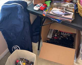 Graco Portable play pen, Hotwheels and match box, Vintage cars folders