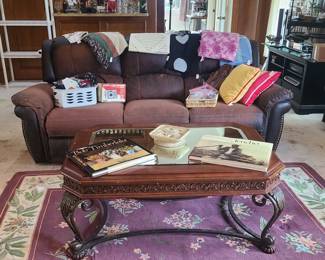 Reclining Sofa, Mirror Top Coffee Table wood & metal, Table book Jericho & Bob Timberlake