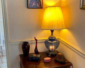 End table, MCM Blue Glass Lamp