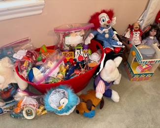 Box full of vintage toys, Bozo doll