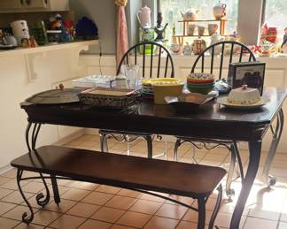Kitchen Table wood and metal with 1 bench seat and 4 chair and one leaf