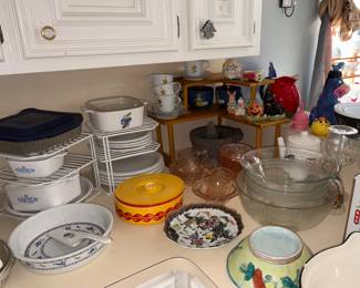 Motor Nd pestle, Humpty Dumpty Glass dishes, serving bowls, salt & peppers