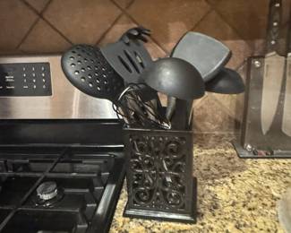 Kitchen utensils and pretty scrolled holder