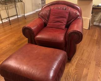 Hobnail leather chair with matching ottoman