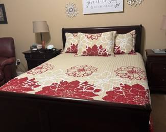 Sleigh bed frame, artwork