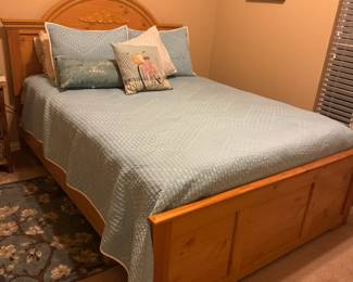 Pine queen bed frame and turquoise bedding