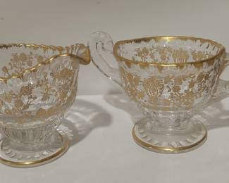 Vintage Cambridge Rose Point Etched Depression Glass Sugar and Creamer Set with Gold Gadroon Rims