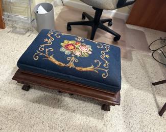 Antique hand made needlepoint foot stoolAntique 19th Century Empire Crotch Needlepoint Mahogany Small Ottoman Foot Stool w/ Floral Design
