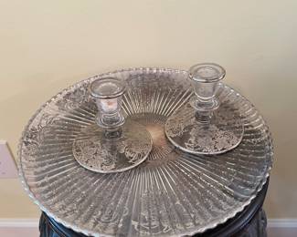 VINTAGE HEISEY RIDGELEIGH STERLING SILVER BOND ribbed plate and matching candle sticks