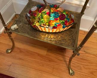 Czech boat basket with hand blown flowers, brass  and reticulated brass base lamp . Circa 1920.