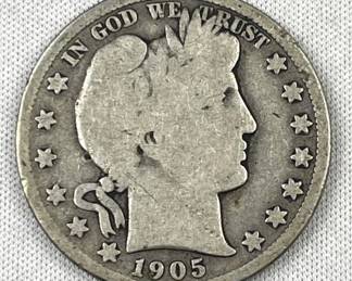 1905-S Barber Silver Half Dollar, US 50c Coin