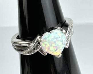 925 Silver Fire Opal Heart White Sapphire Ring