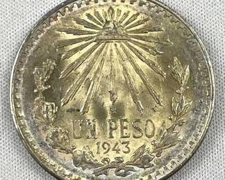 1943 Mexico Silver Un Peso, Uncirculated, WWII