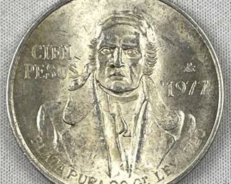 1977 Mexico 100 Pesos Silver, AU-UNC