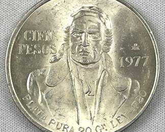 1977 Mexico 100 Pesos Silver, AU-UNC
