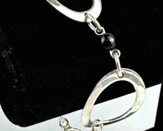 925 Silver Open Oval Link Black Beaded Bracelet
